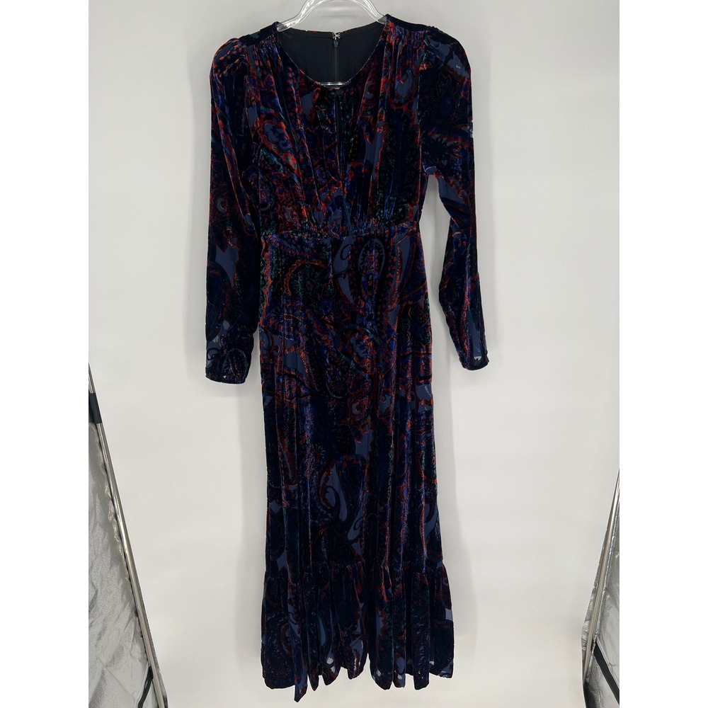 ANTHROPOLOGIE Fall Winter Maxi Dress Women 0 Blue Paisley Velvet Burnout Pockets